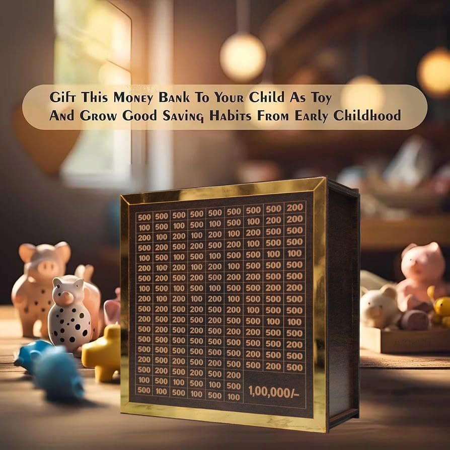 Wooden Money Saving Box – ₹1,00,000 Savings Challenge, Milestone Grid, Durable & Eco‑Friendly.