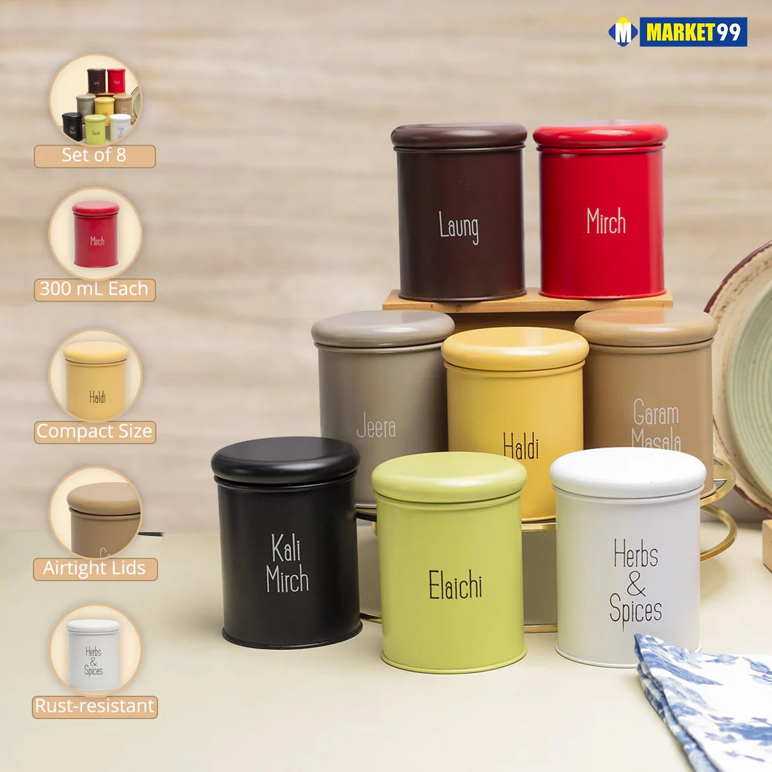 Kitchen Name Masala Container Set (8 pcs) – Airtight, BPA‑Free, Stackable Spice Organizer.