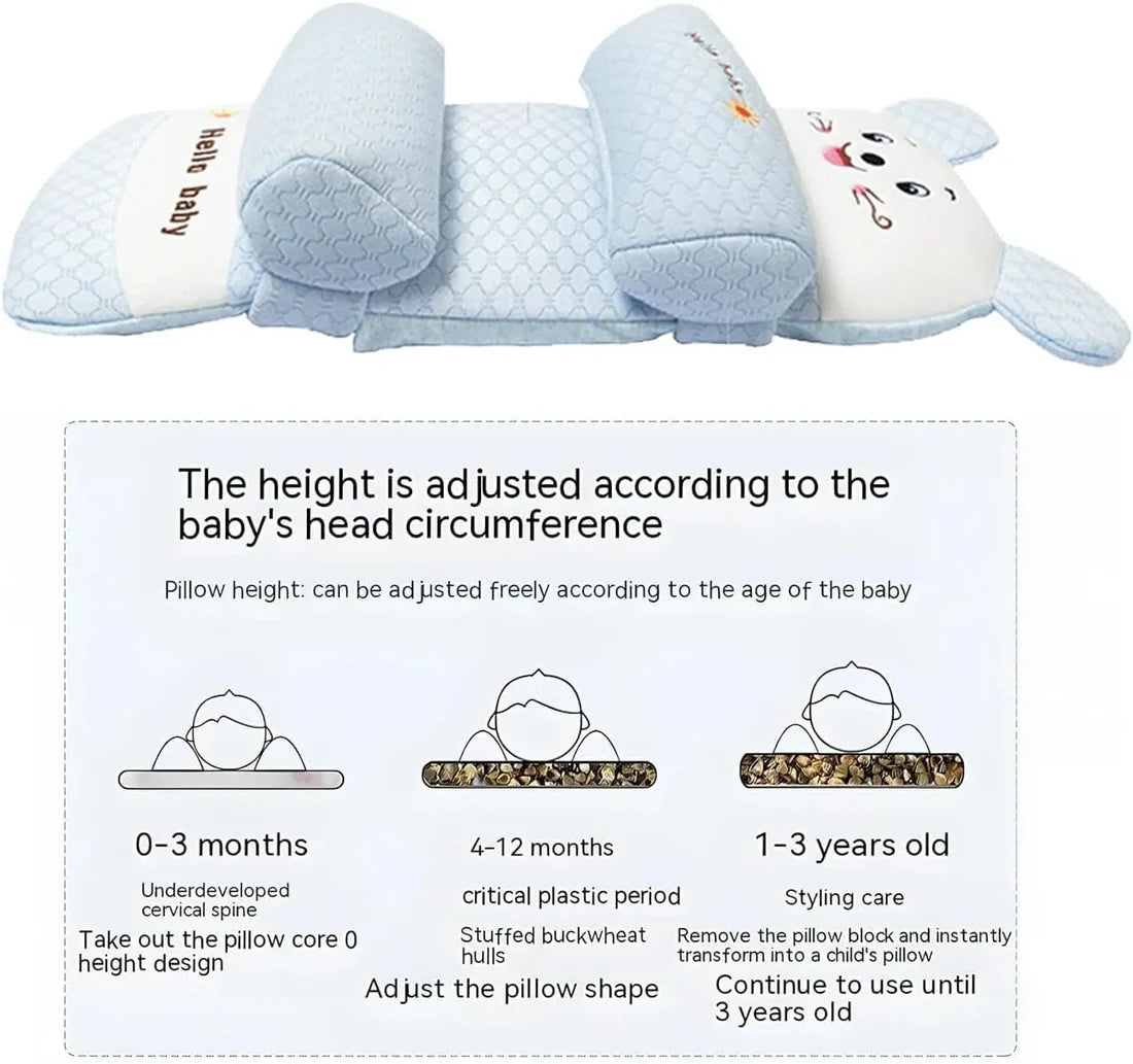 Baby Shaping Head Support Pillow – Slim Contour, Center Indent, Breathable Cover.