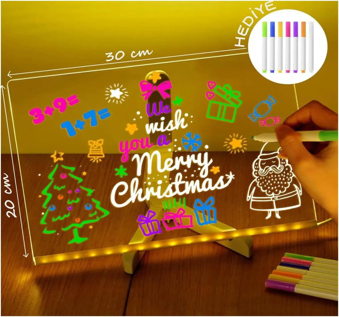 LED Acrylic Message Board with Colorful Lights | Illuminated Dry Erase Board with Stand & 7 Neon Markers for Notes, Memos, Doodles & More