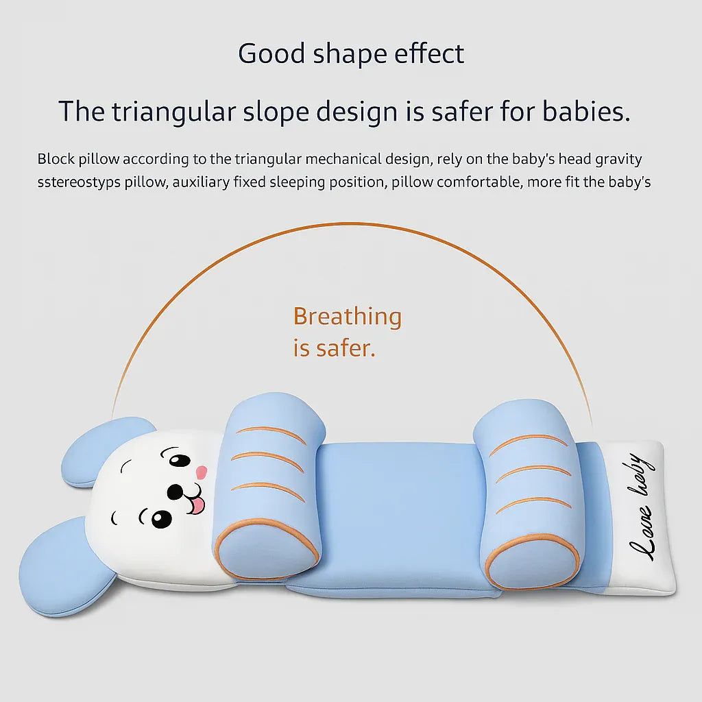 Baby Shaping Head Support Pillow – Slim Contour, Center Indent, Breathable Cover.