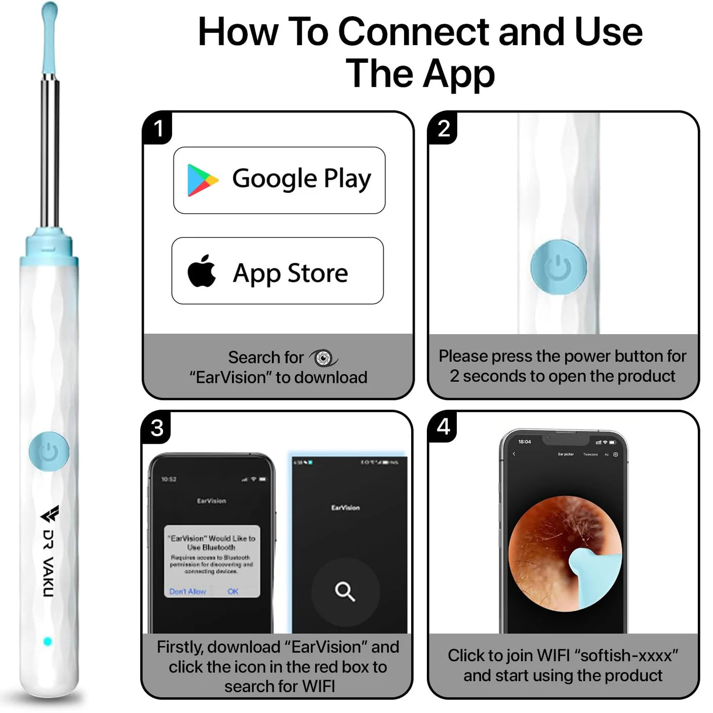 Dr. Smart Ear Cleaner Kit with HD Camera & WiFi – 6 LED Endoscope Tool for Android/iOS + 11 Free Silicone Tips (White)