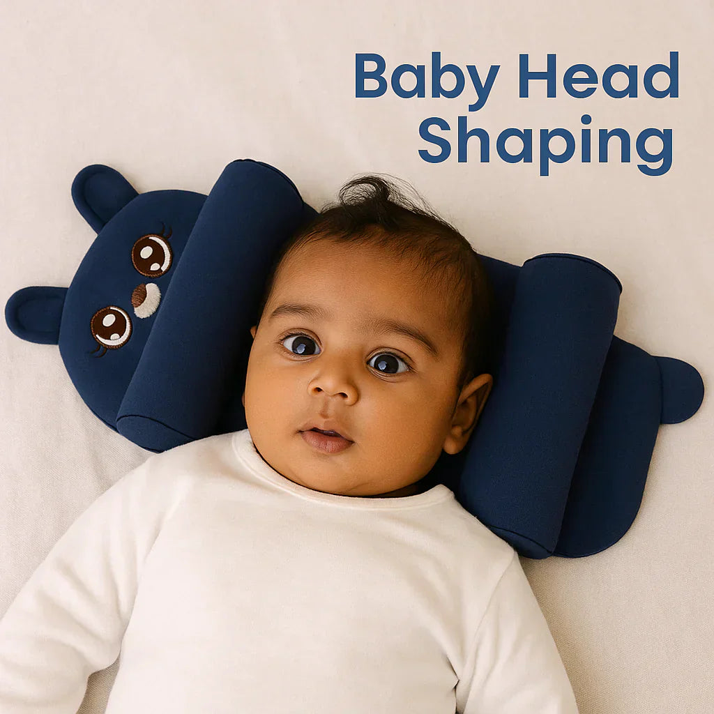 Baby Shaping Head Support Pillow – Slim Contour, Center Indent, Breathable Cover.